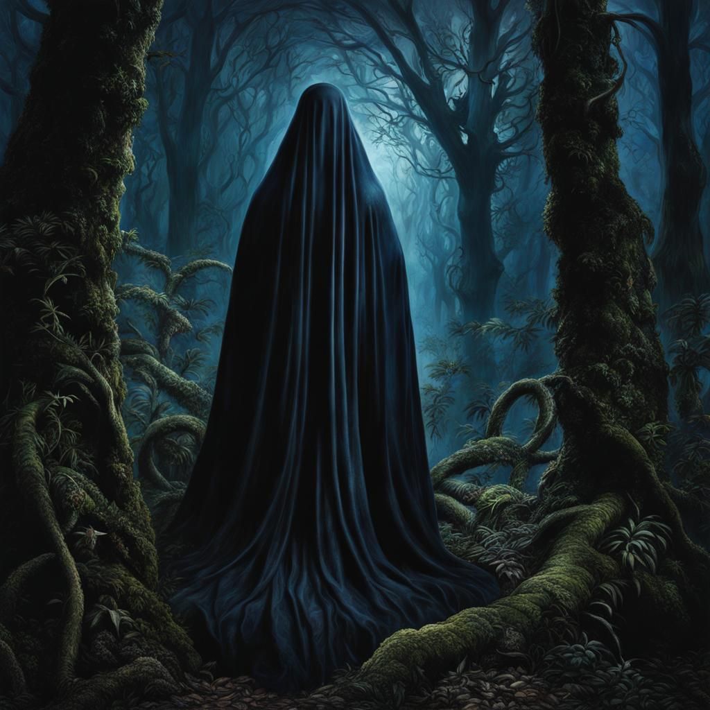 Sad Blue Ghost Lost in Dark Fantasy Forest