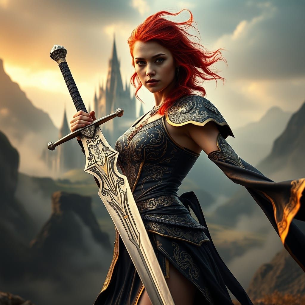 Elegant Warrior Princess in Crimson Locks and Golden Armor