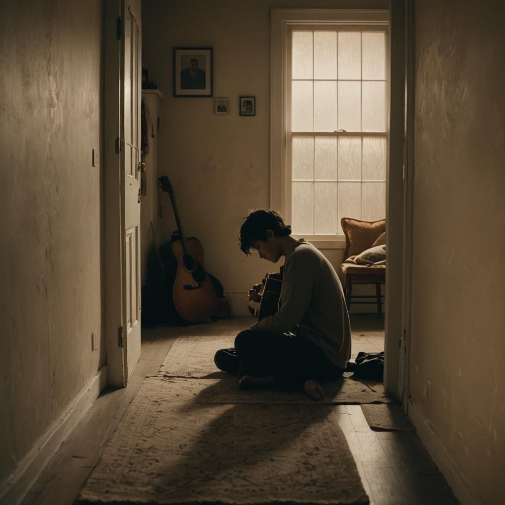 Melancholic Film Still of a Person by a Bed
