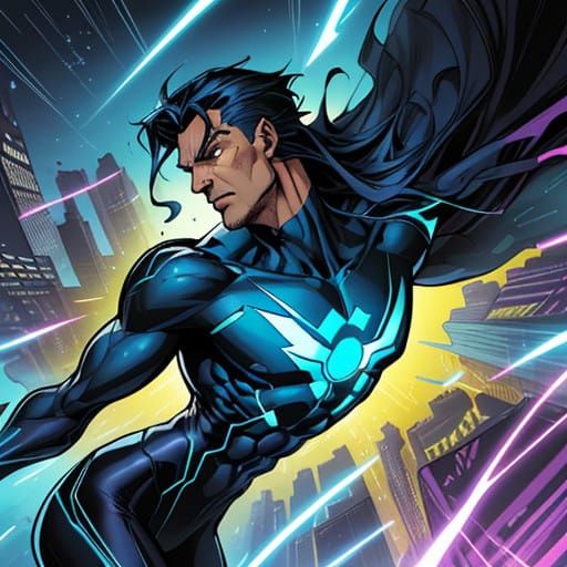 Electric Blue Hero Soars Through Vibrant Cityscape