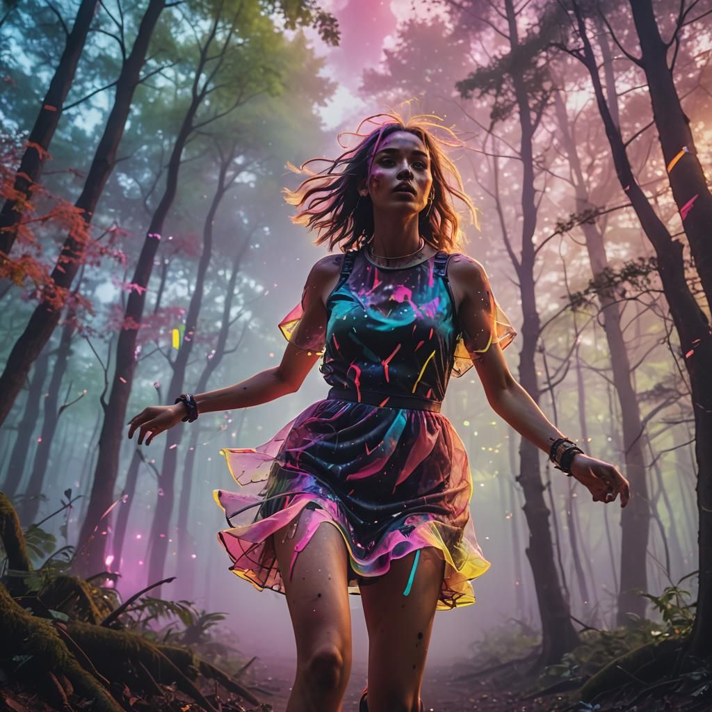 Scared Girl Runs Through Neon Forest at Dawn