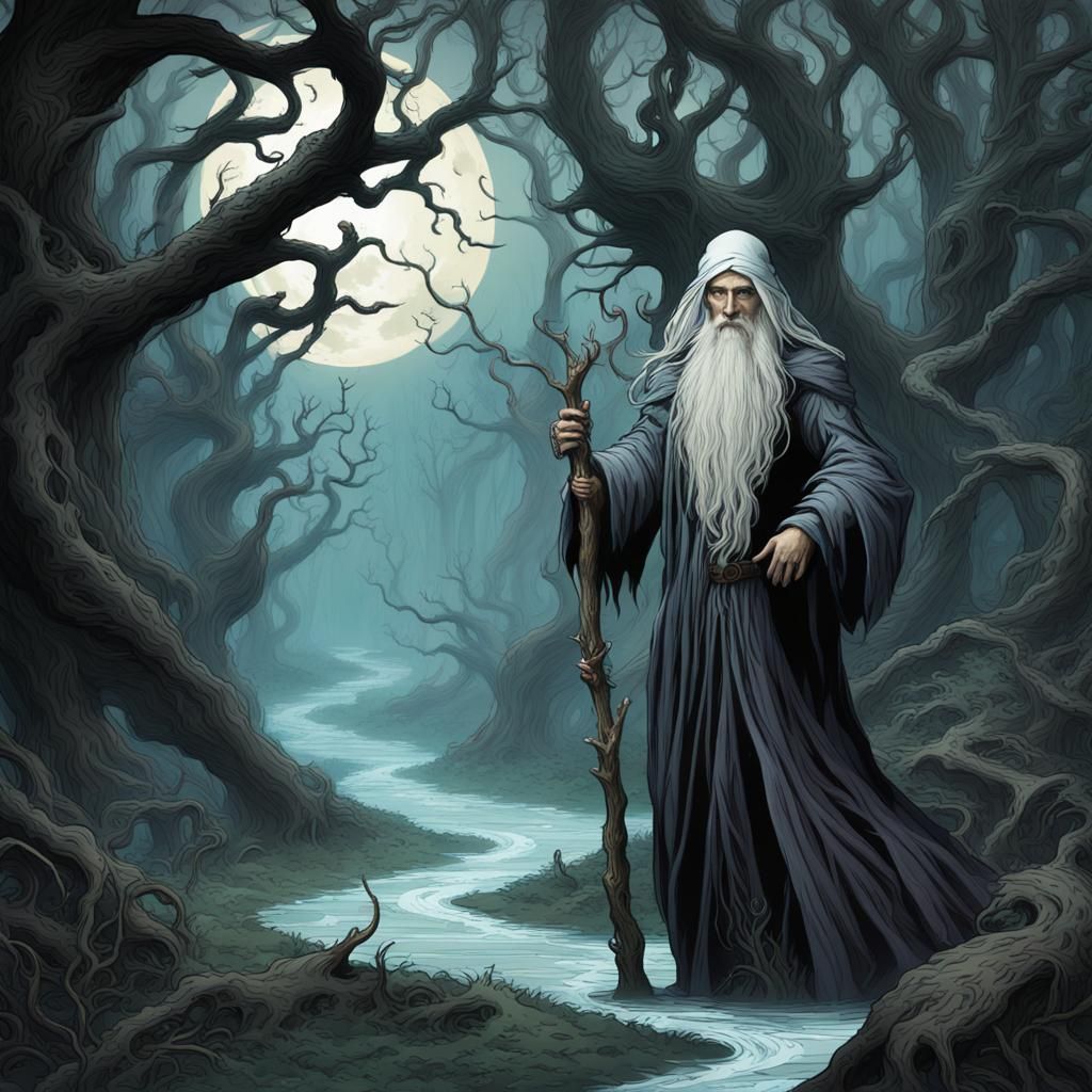 An aged and gothic whimsical stylized sorcerer