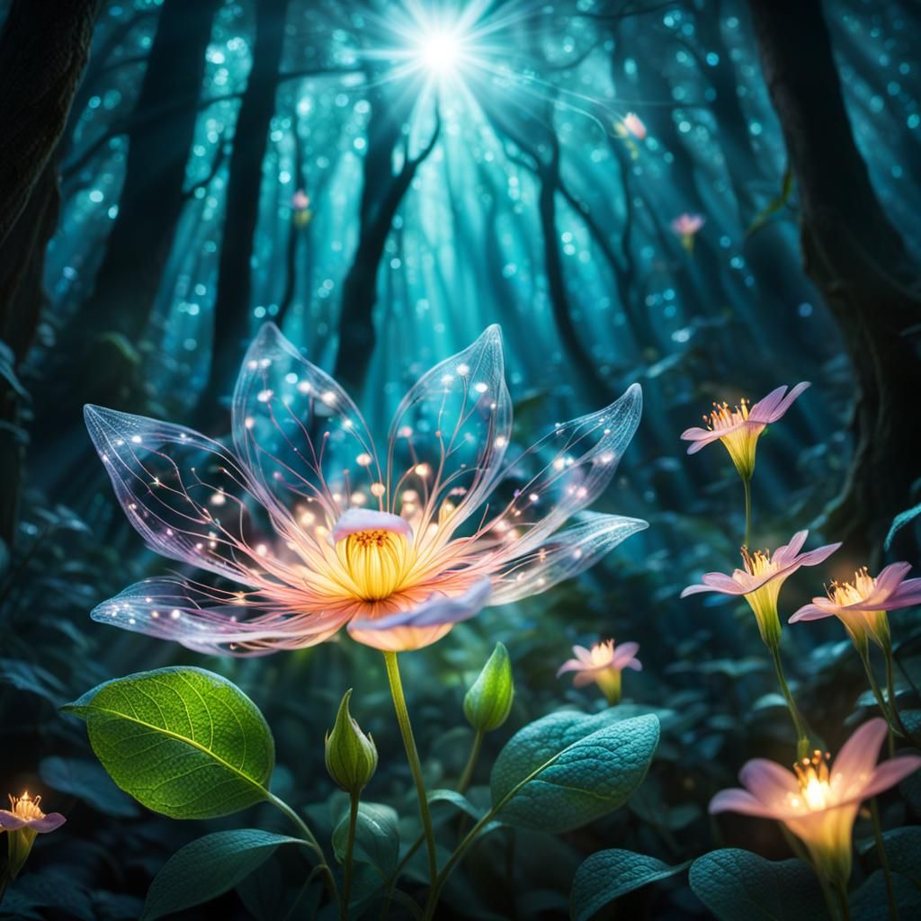 Enchanted Bioluminescent Flower in Magical Forest