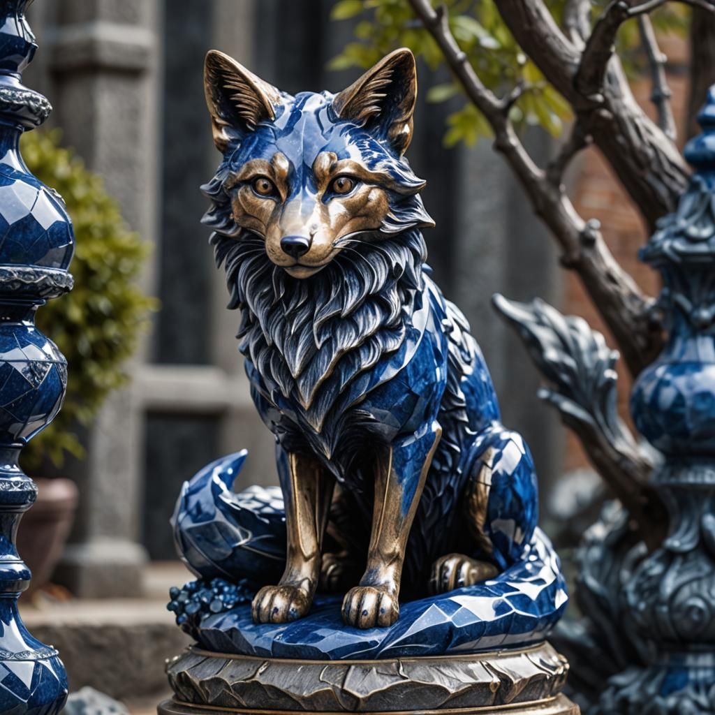 Sapphire gemstone fox statue