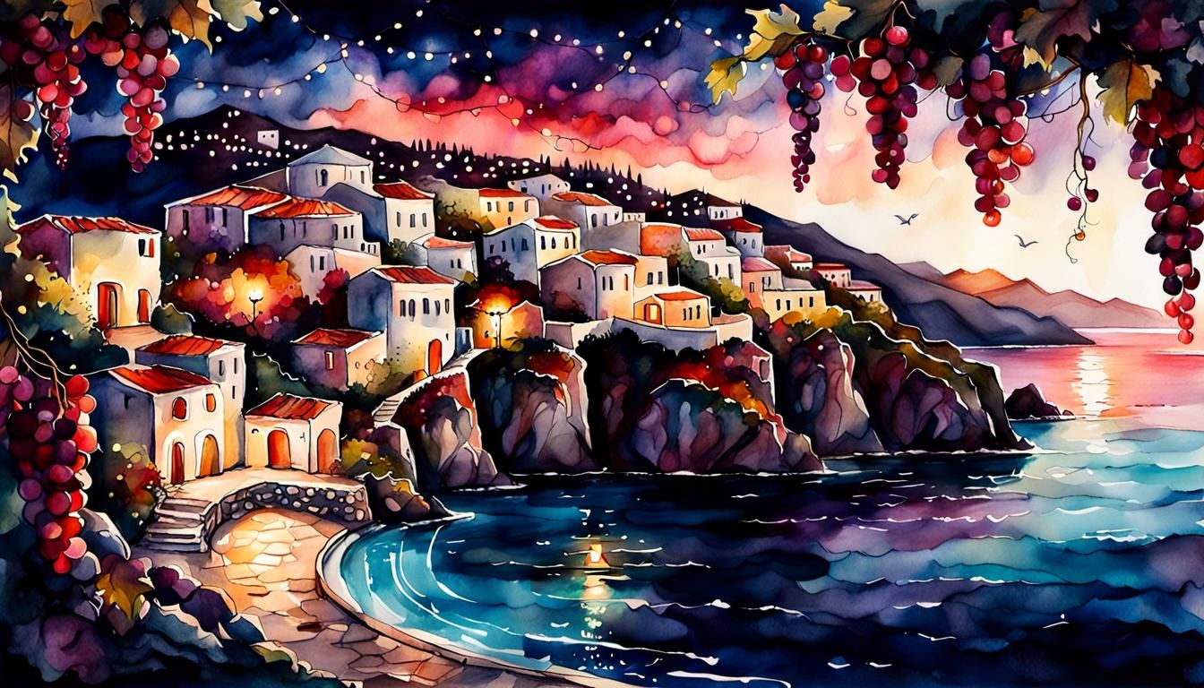 Night Villa on Greek Island: Watercolor and Ink