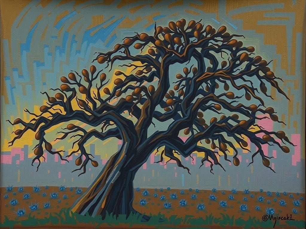 Tree in Field: Orphism Painting with Chiaroscuro