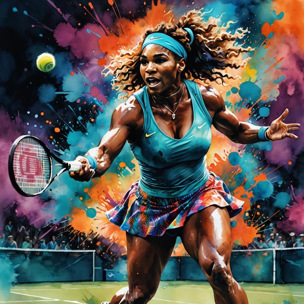 Serena Williams: Watercolor Tennis Action Portrait