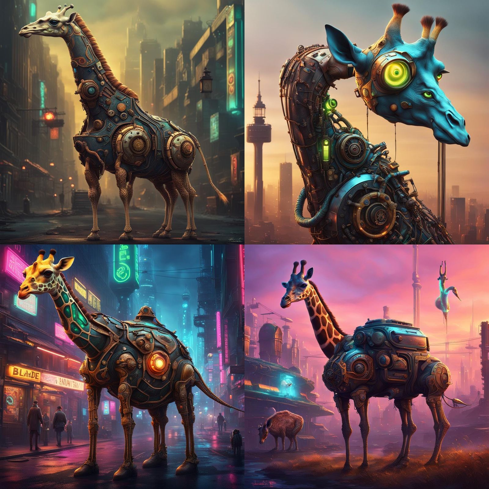 Steampunk Snail-Giraffe Hybrid in Cyberpunk Style