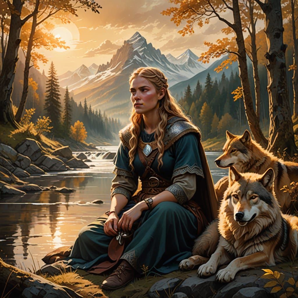 Viking Warrior Goddess in Majestic Landscape