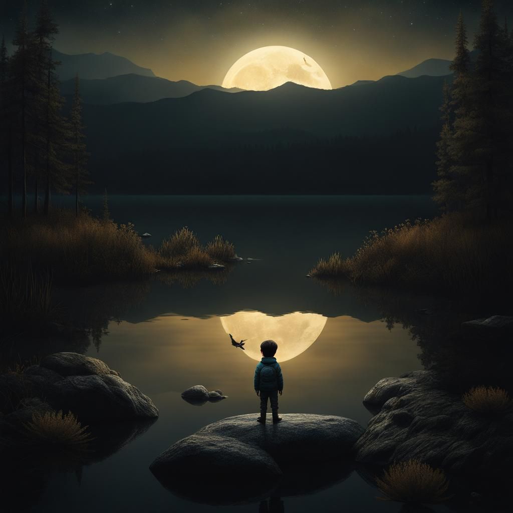 Moonlit Lake Scene in Photorealistic Style