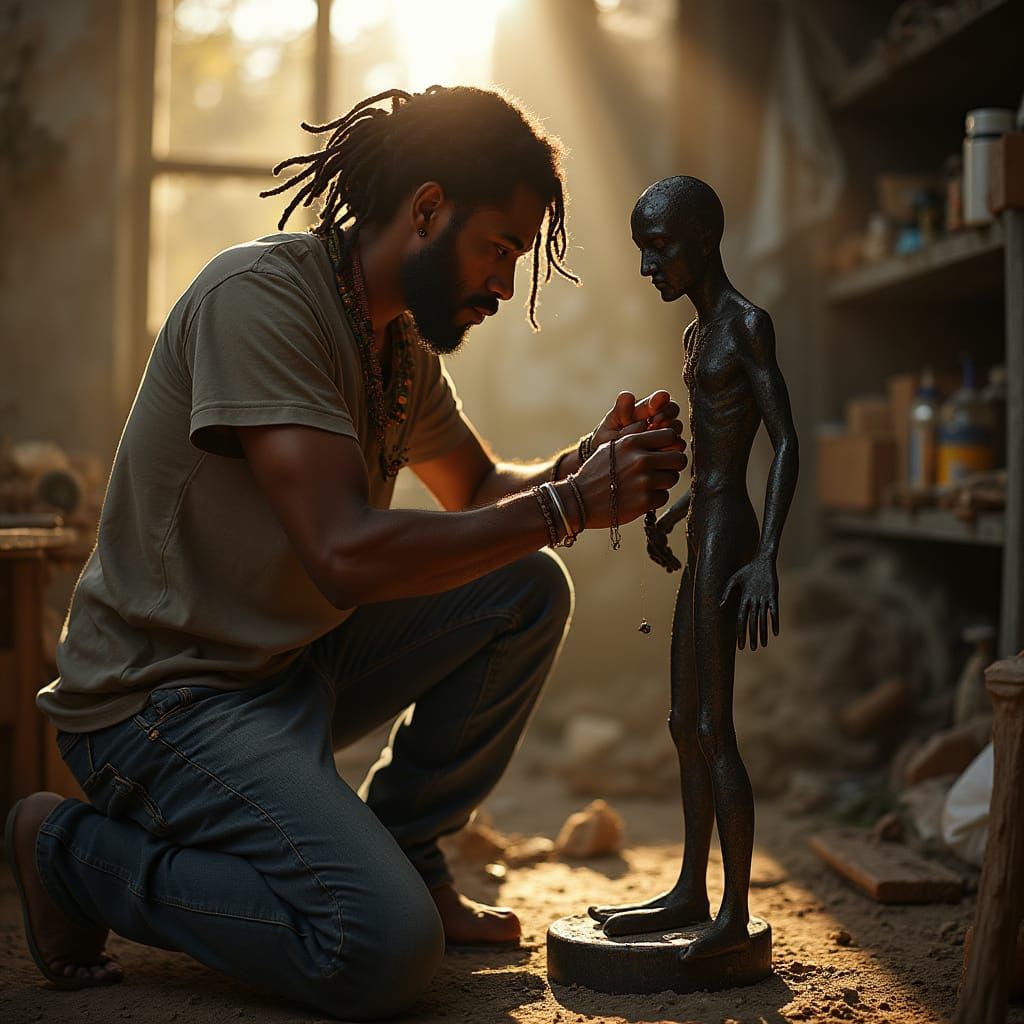 African American Man Works on Metal Sculpture in Sun-Dappled...