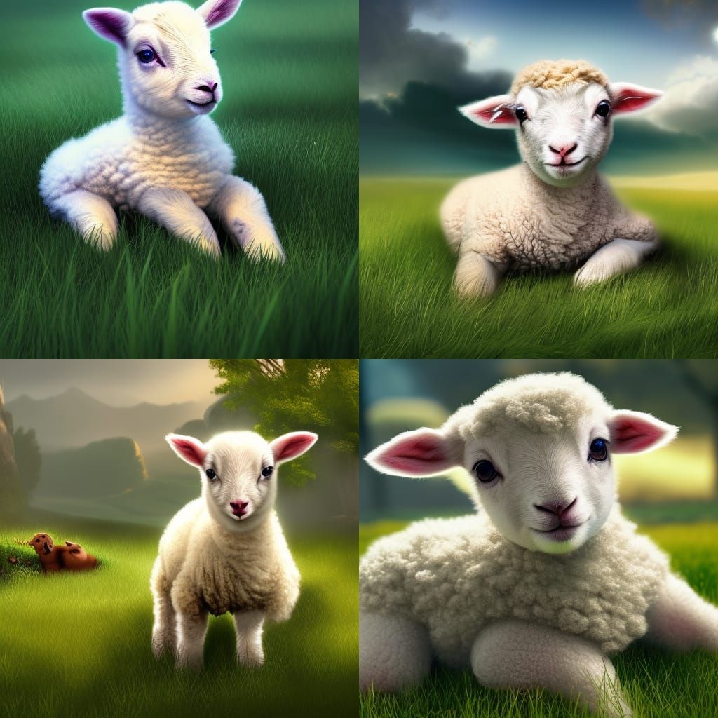 Smiling Lamb in Grassy Field: Detailed Digital Art