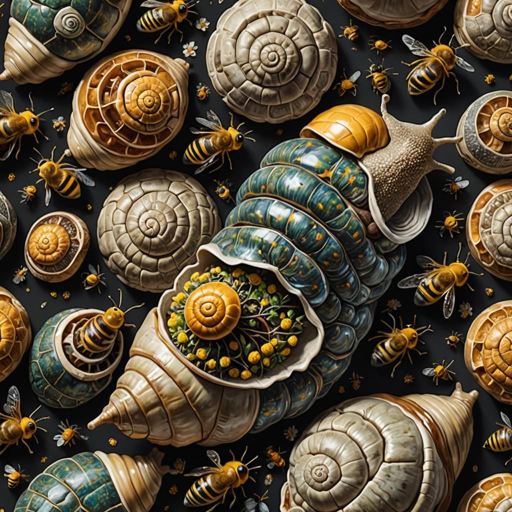 Brain in Snail Shell Colonized by Bees, Photorealistic