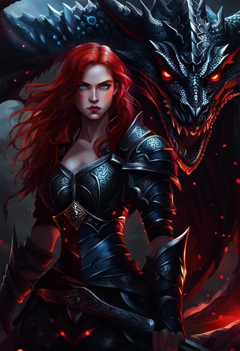 Female Warrior with Dragon in Moonlight