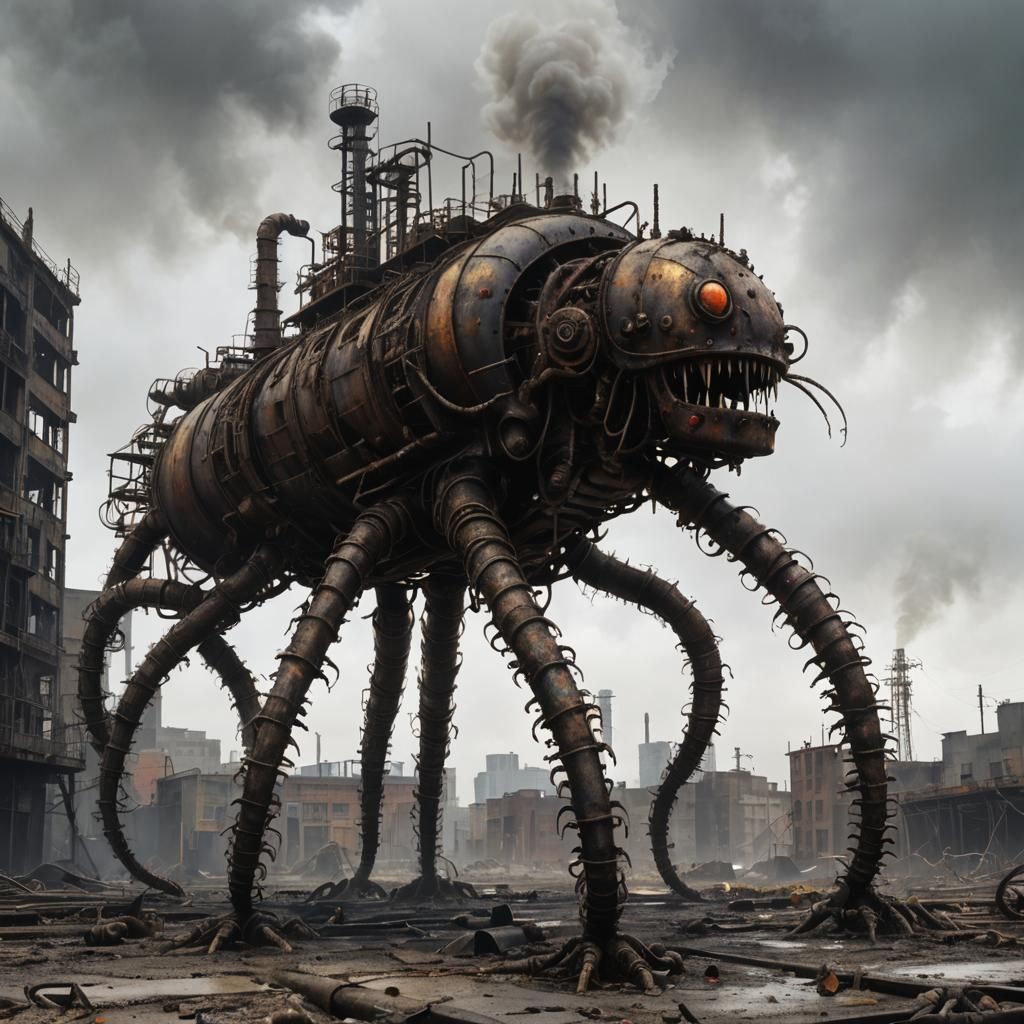 Biopunk Centipede Machine in Industrial Wasteland