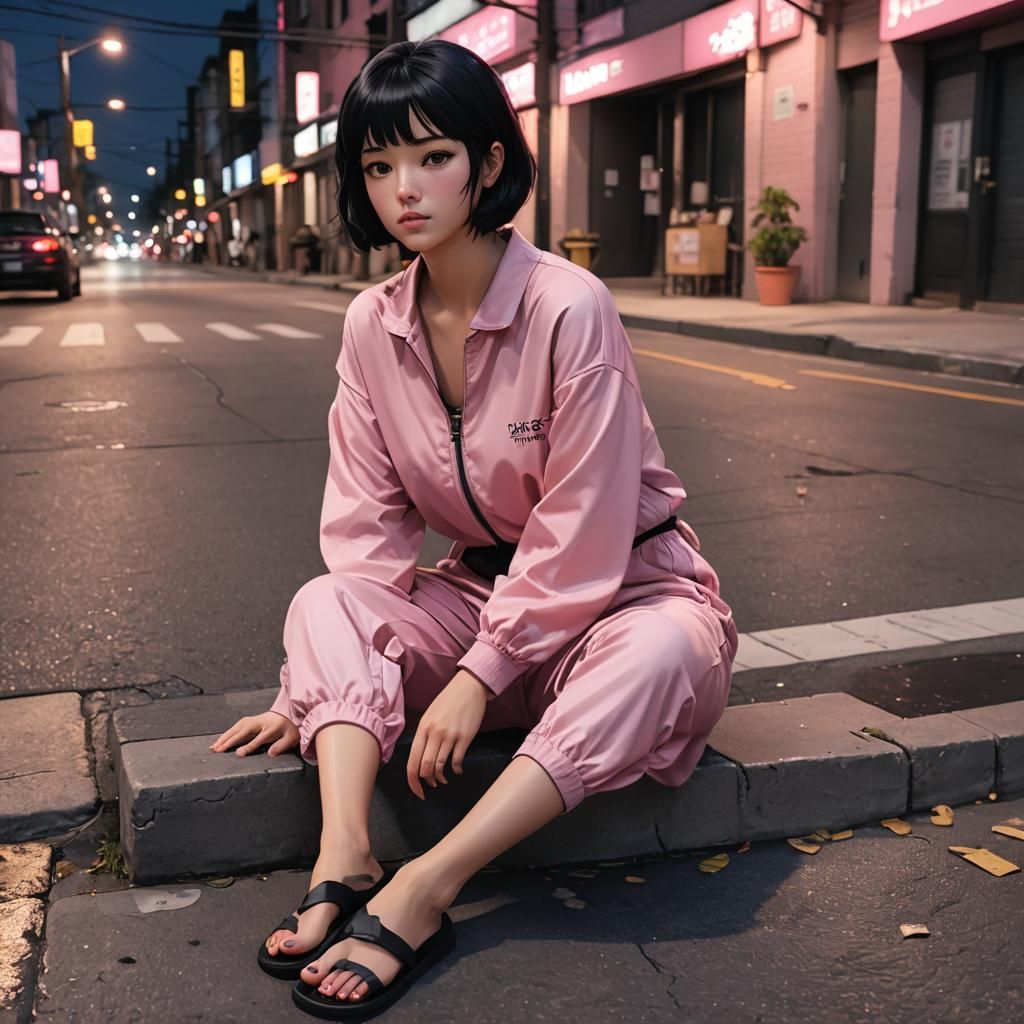 Anime Style Girl in Pink Jumpsuit at Night