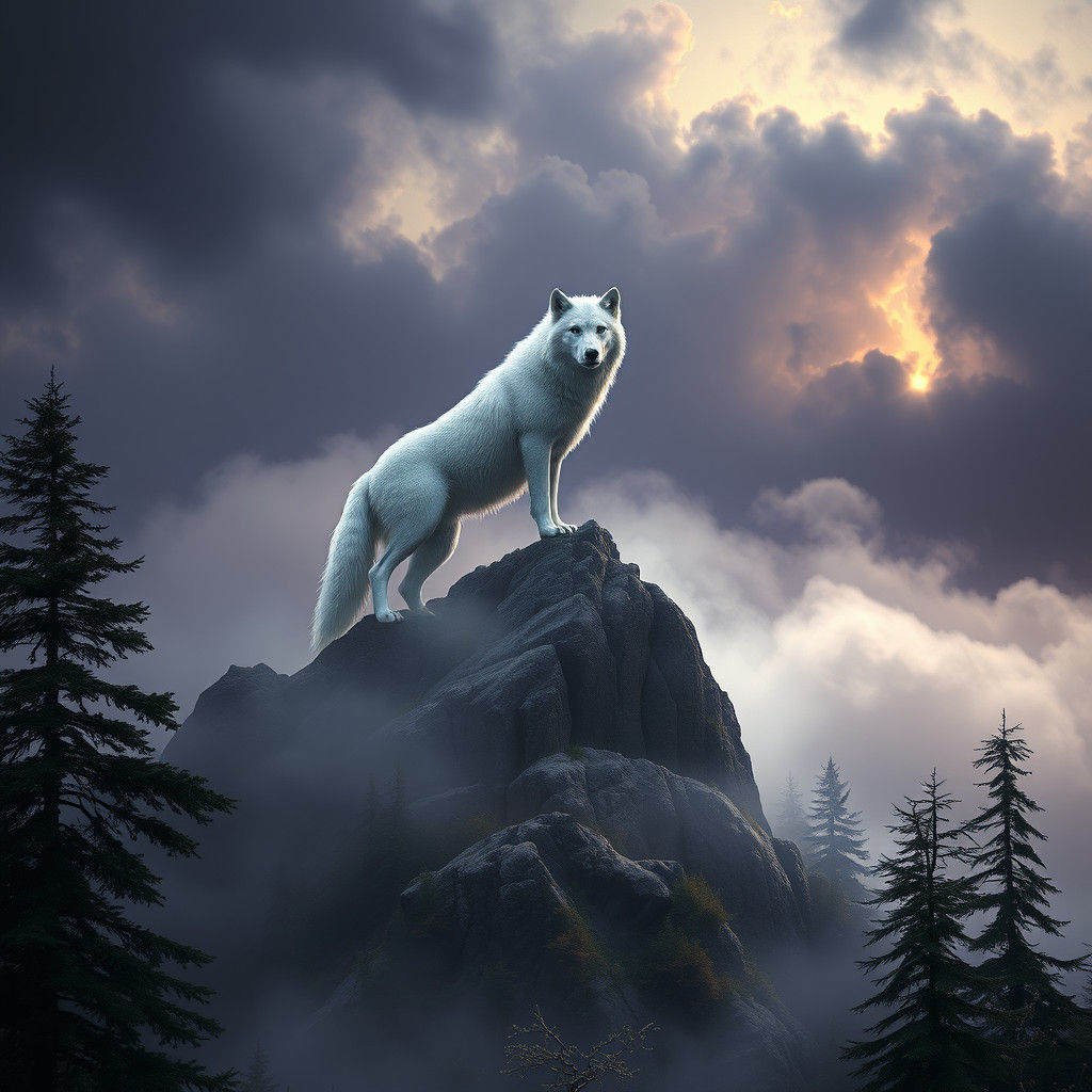 Majestic White Wolf Guardian on Misty Mountain