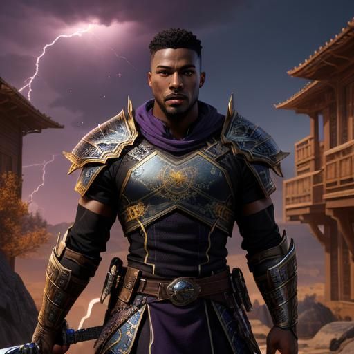 Black Warrior with Sword in Fantasy Landscape