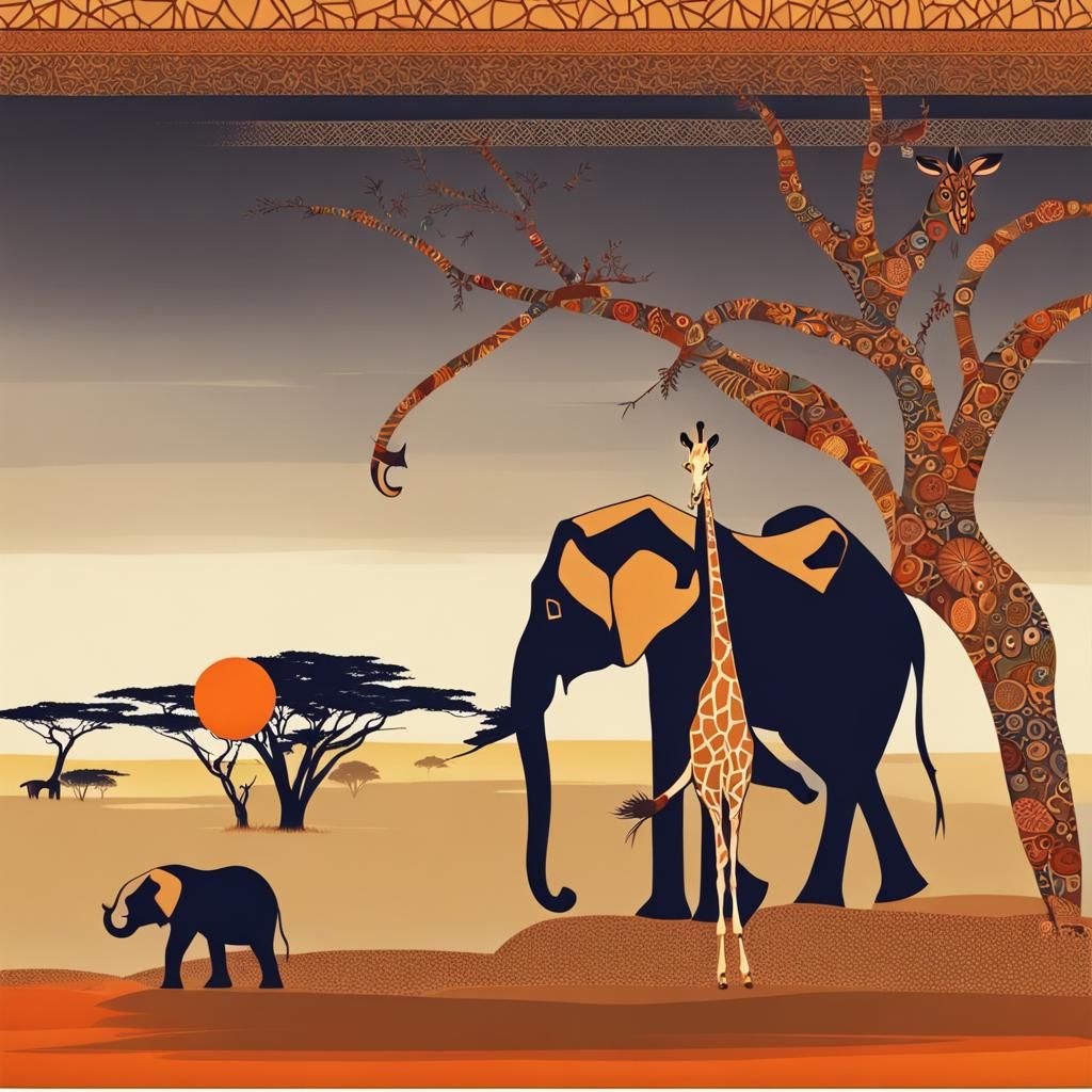 African Landscape with Giraffe in Abstract Art