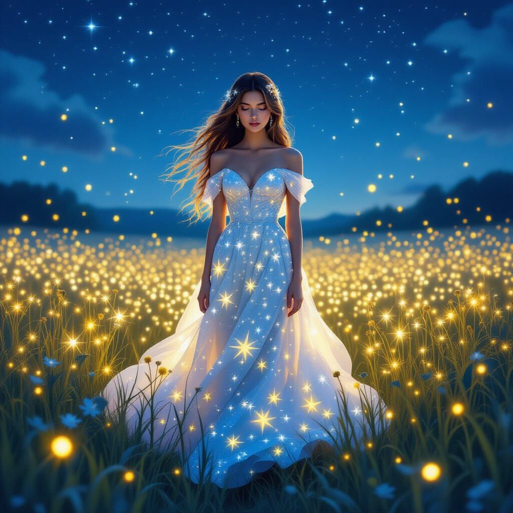 Woman in Starlight Gown in Bioluminescent Field