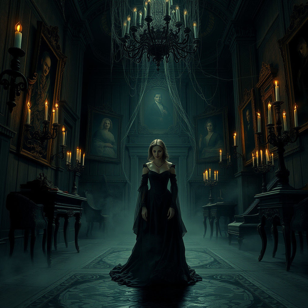Victorian Woman in Haunted Mansion, Eerie Gothic Horror