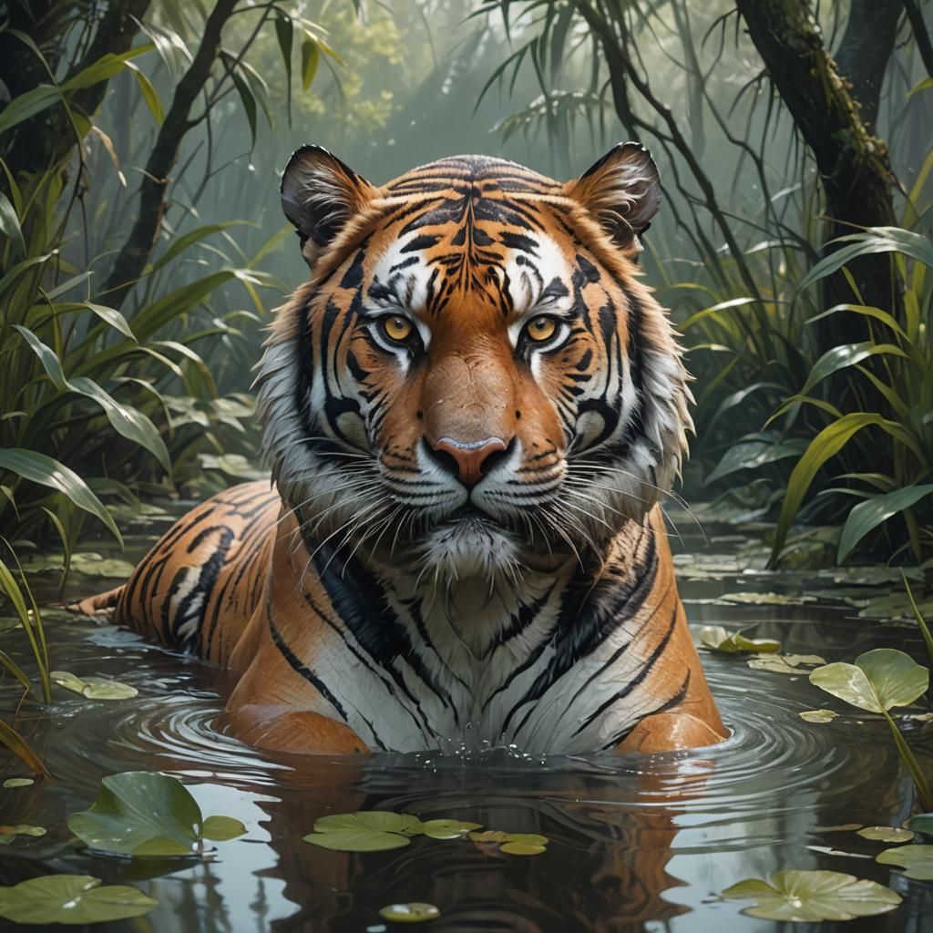 Hyperdetailed Tiger Portrait in a Swamp