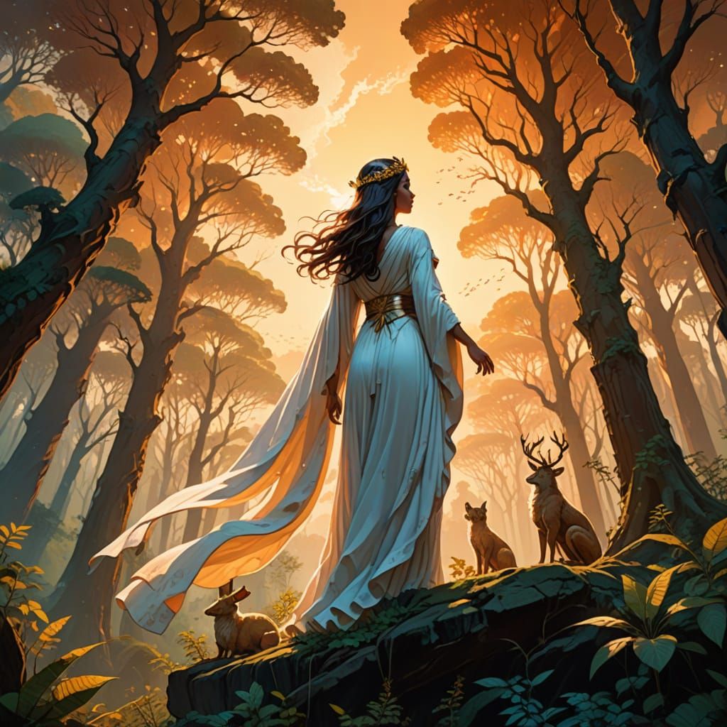 Goddess of Beauty Surrounded by Fantasy Creatures in a Whims...