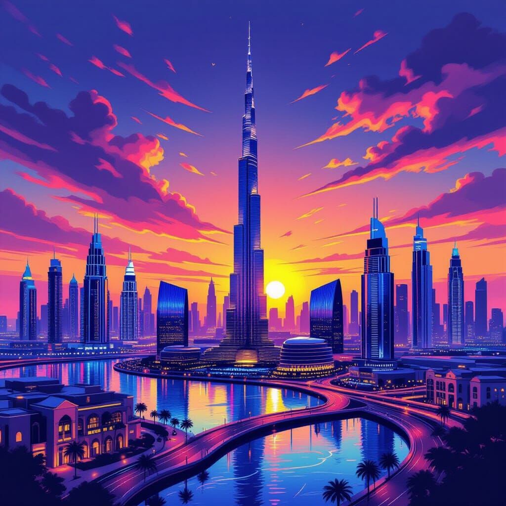 Dubai Skyline Sunset with Burj Khalifa in Digital Art Style
