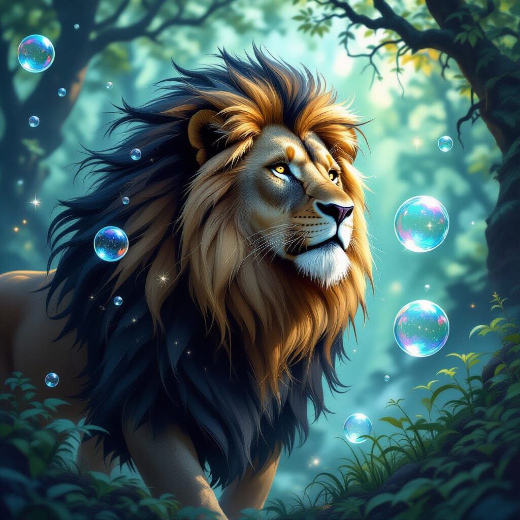 A majestic lion with a flowing, dark mane, adorned with anci...