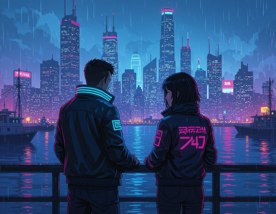 Cyberpunk Couple in Rainy Harbor, Anime Style