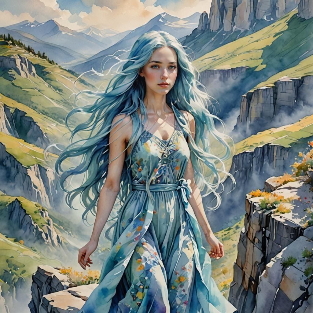 Blue-Haired Girl on Cliff in Neo-Impressionist Style