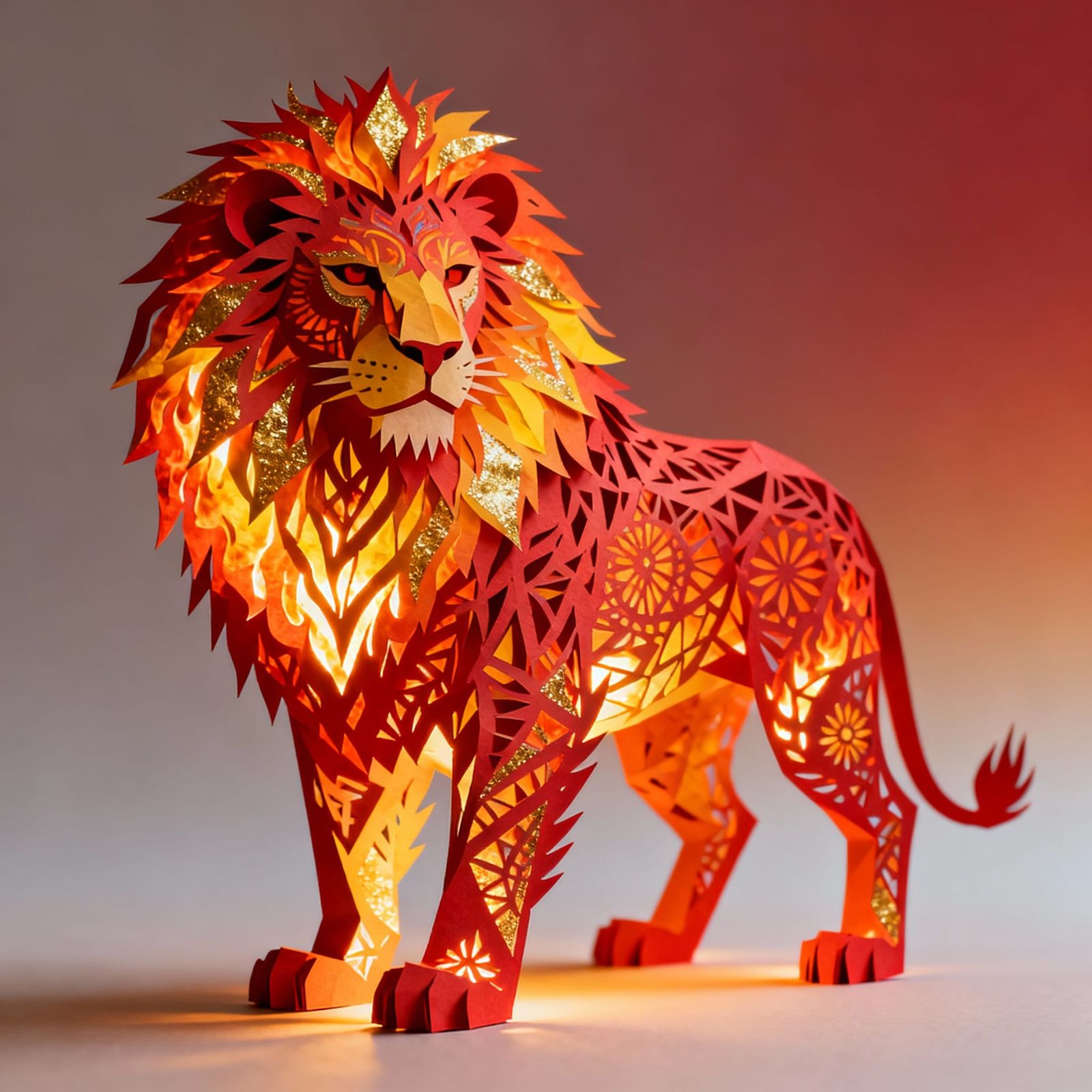 Majestic Fire Lion Kirigami Art