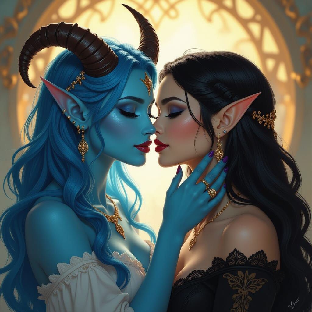 Romantic Tiefling and Elf Portrait in Art Nouveau Style