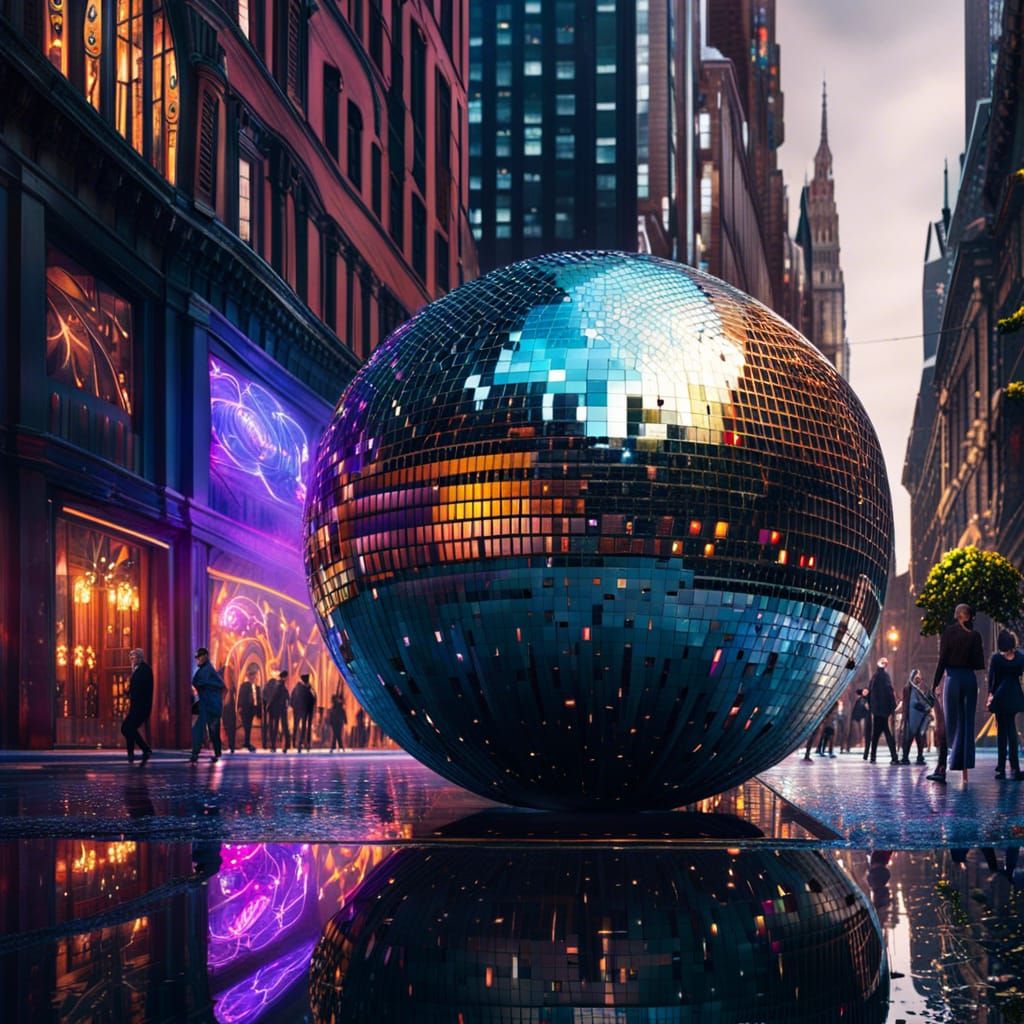 Photorealistic Disco Ball in Cityscape