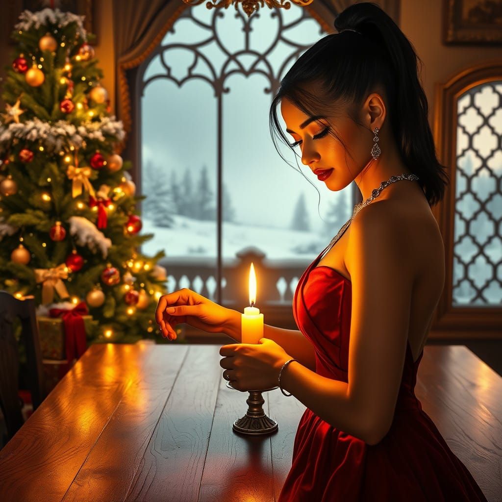 Elegant Latina Lady Ignites Candle amidst Christmas Splendor