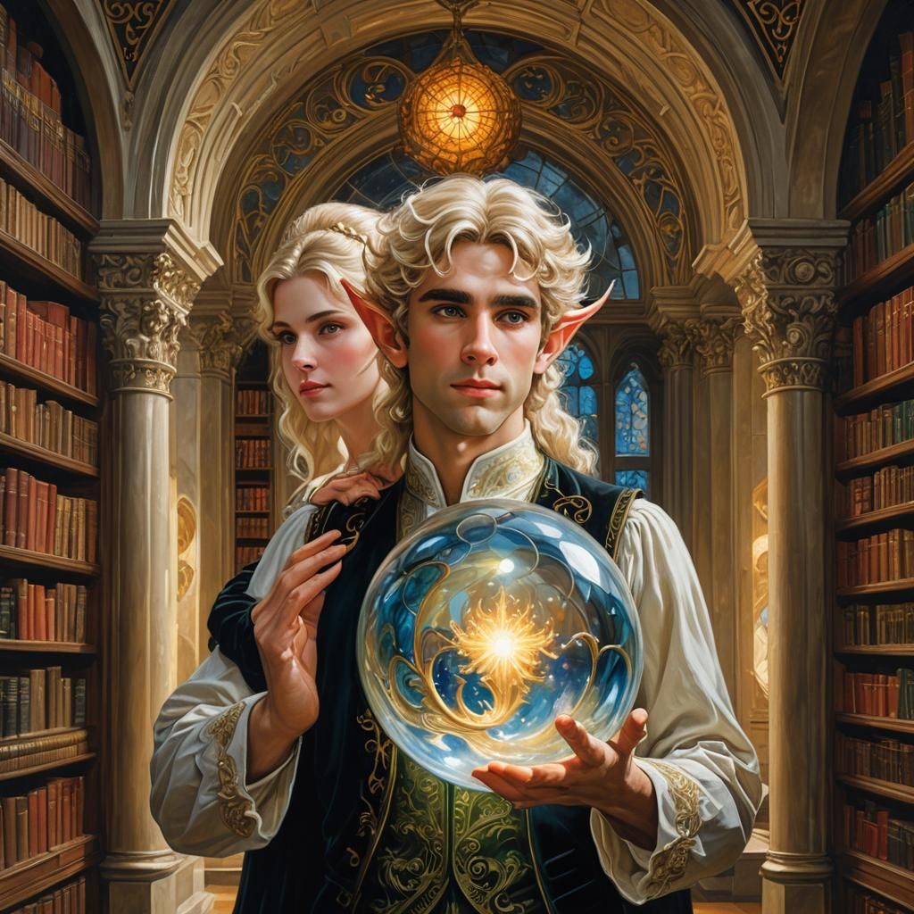 Elf with Glowing Orb in Art Nouveau Library