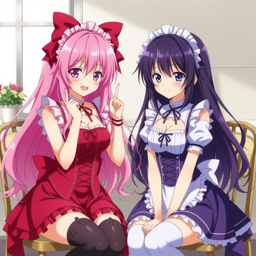 Anime Maid Duo Poses Indoors in High-Quality Illustration