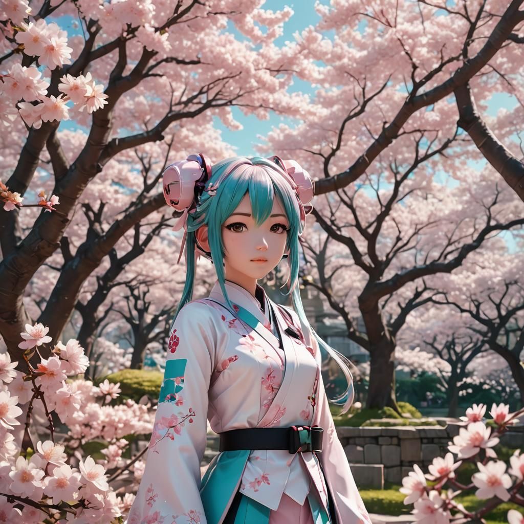 Sakura Miku in Cherry Blossom Garden: Anime Art