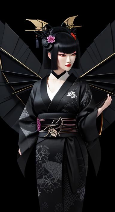 Geisha in Black Cubist Kimono with Origami Lotus