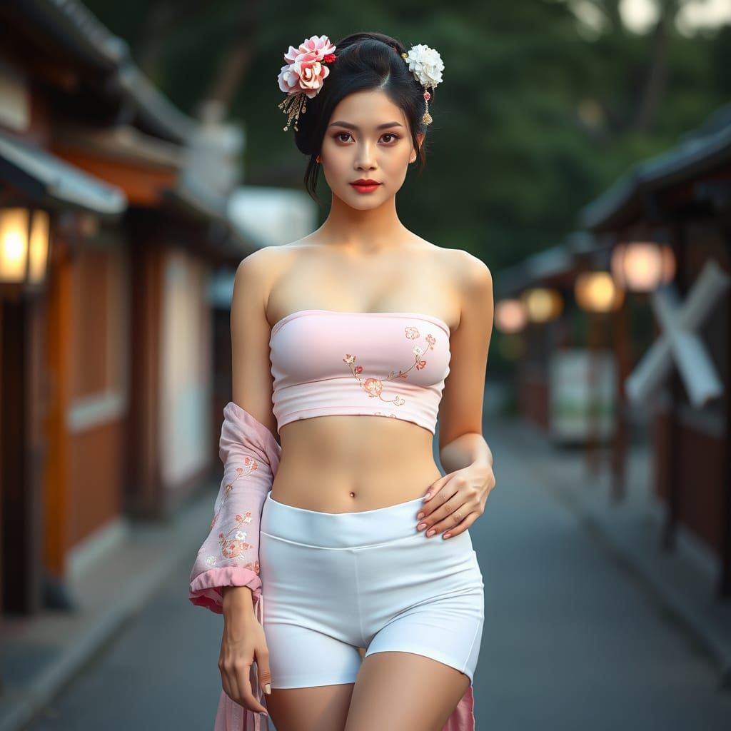 Japanese Woman in Embroidered Top: Hyperrealistic Portrait