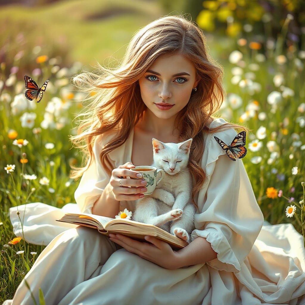 Woman in Meadow with Cat, Hyperrealistic Style