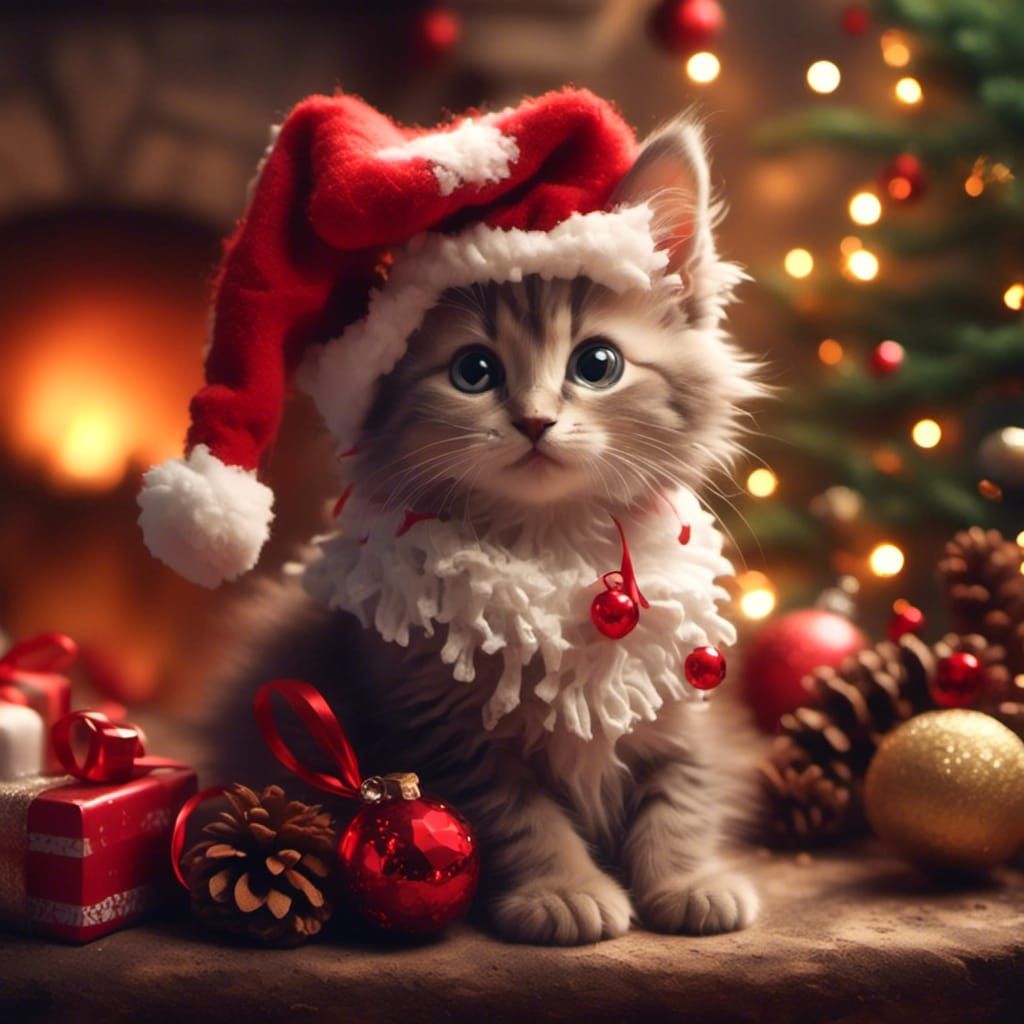 Kitten's Christmas Surprise: A Detailed Digital Portrait