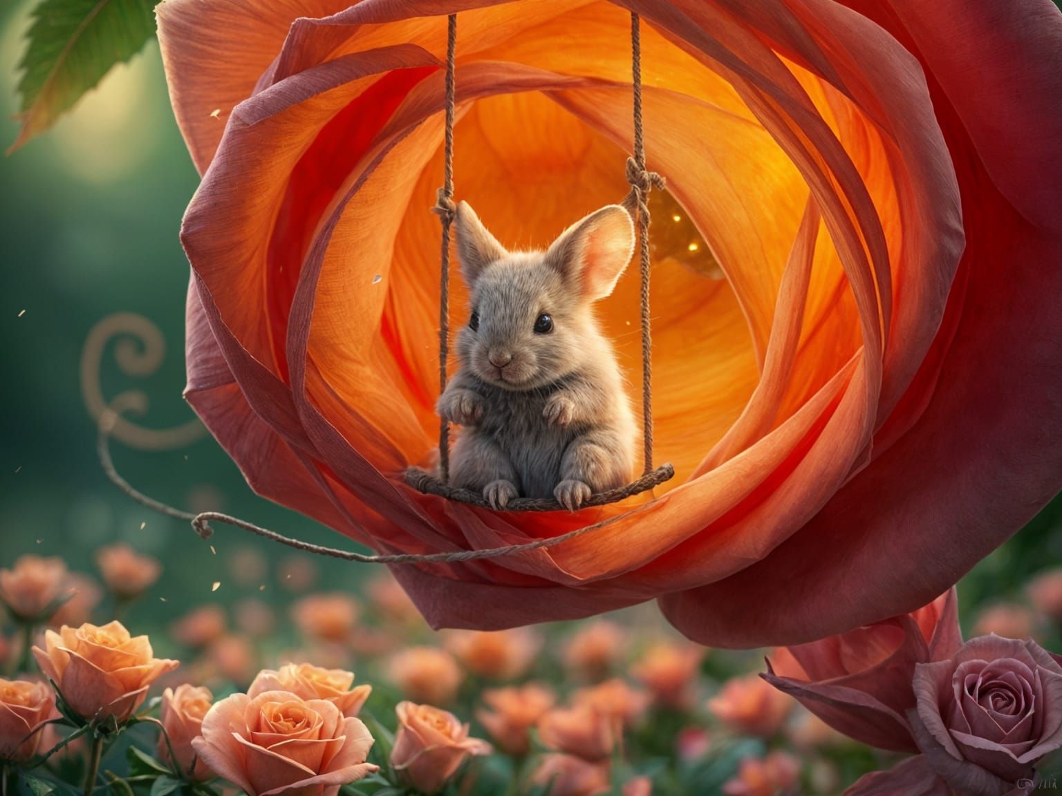 Whimsical Bunny on a Rose Petal Swing in a Garden of Dreams