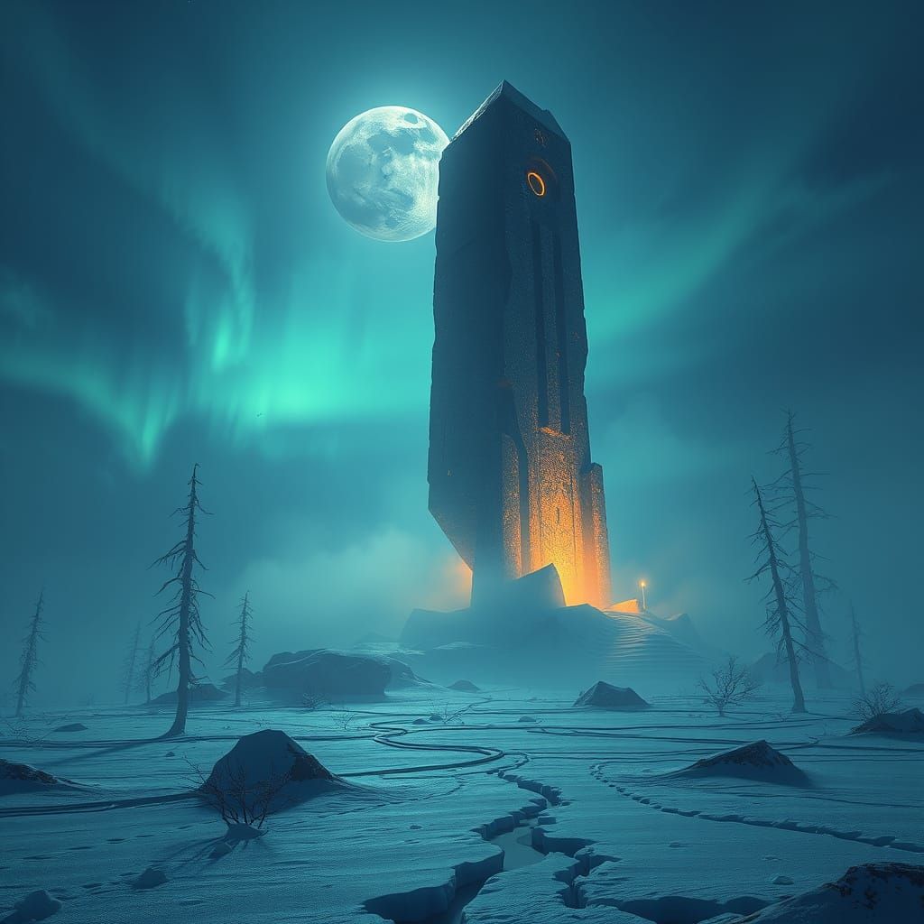 Surreal Arctic Megalith Under Black Moonlight