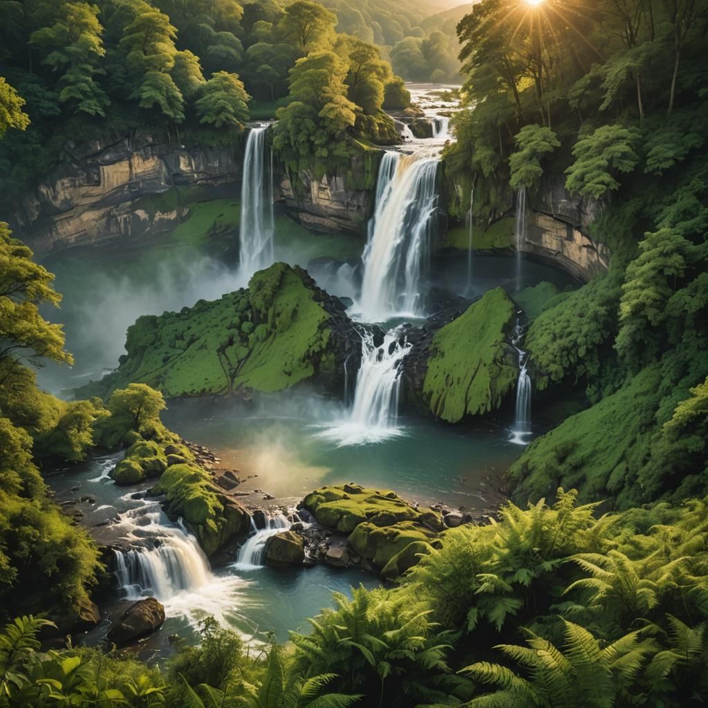 Majestic Waterfalls in Lush Green Forest