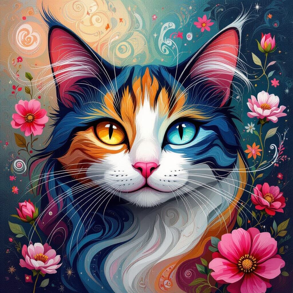 Whimsical Abstract Cat Portrait in Surreal Style