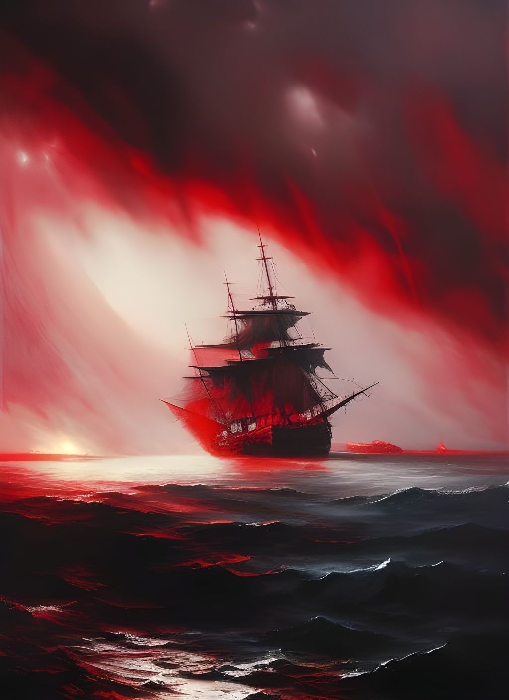 Galleon in Maritime Dusk with Red Ink Splashes