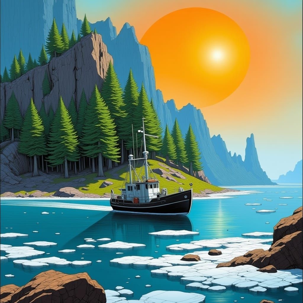 Rustic Fishing Trawler Sails Through Icy Waters Amidst Majes...