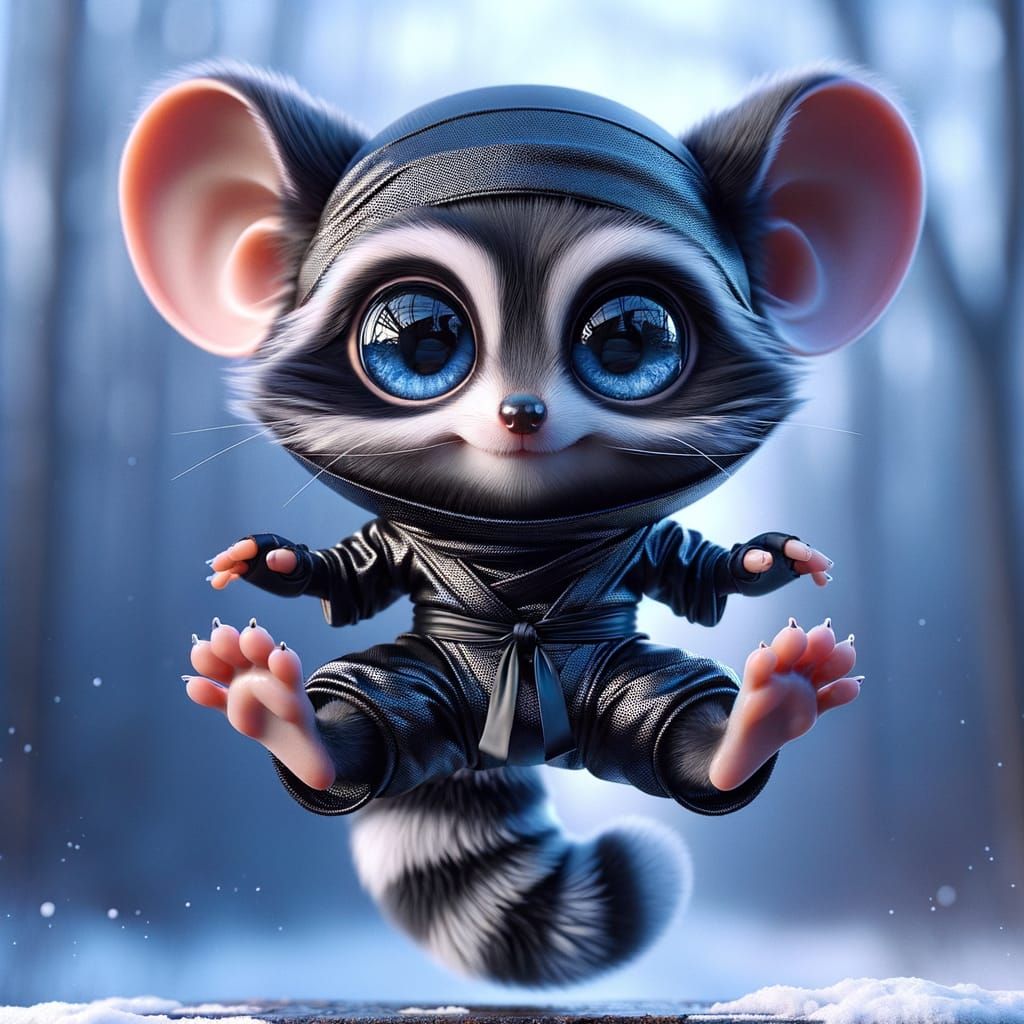 Raccoon-Mouse Ninja Leaping Through Snowy Forest