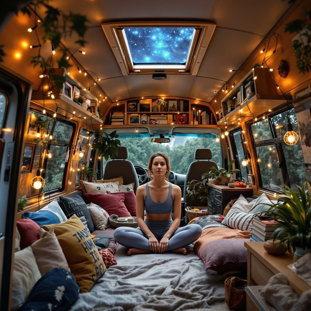 Bohemian Woman in Van Home Under Starry Sky